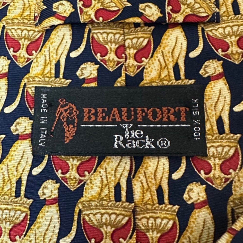 Beaufort Tie Rack Men's Silk Tie Italy Cheetah Leopard Crest Navy Gold Red Wide - Picture 3 of 6
